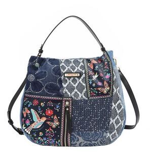 *Nicole Lee USA Bosque De Amor Denim Hobo Bag Blue and Black Patchwork Bag